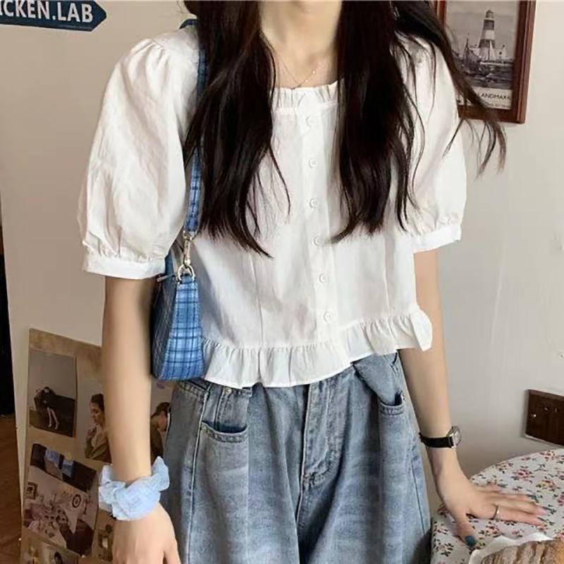 Summer Ruffle Elegant Chiffon Cool Blouse Women Youthful Cute Cropped Tops Chic Short Sleeve Shirt