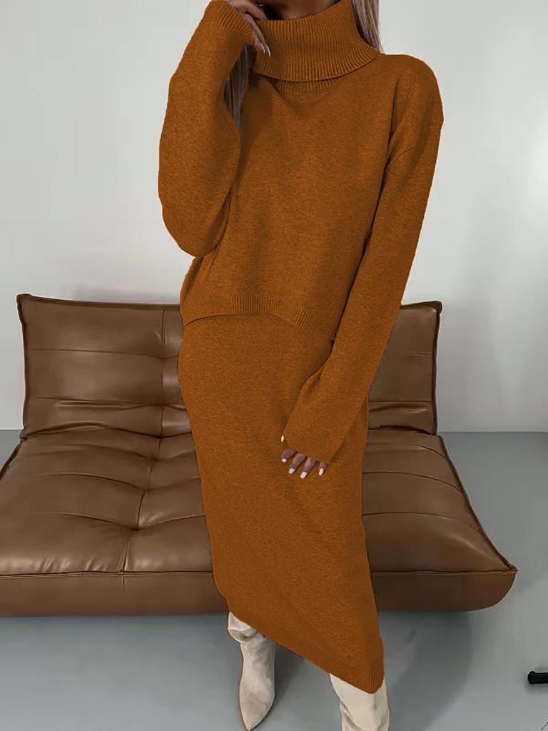 High Neck Long Knit Sweater Dress Two-Piece Set for Autumn/Winter