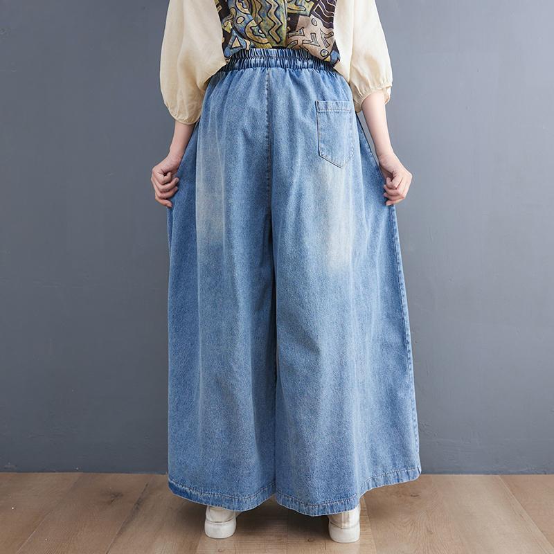 Summer Jeans Long Pants Plus Size Women Elastic Waist Pants Wide Leg Pants Loose Casual Denim Female Casual Trousers Pants Oversize