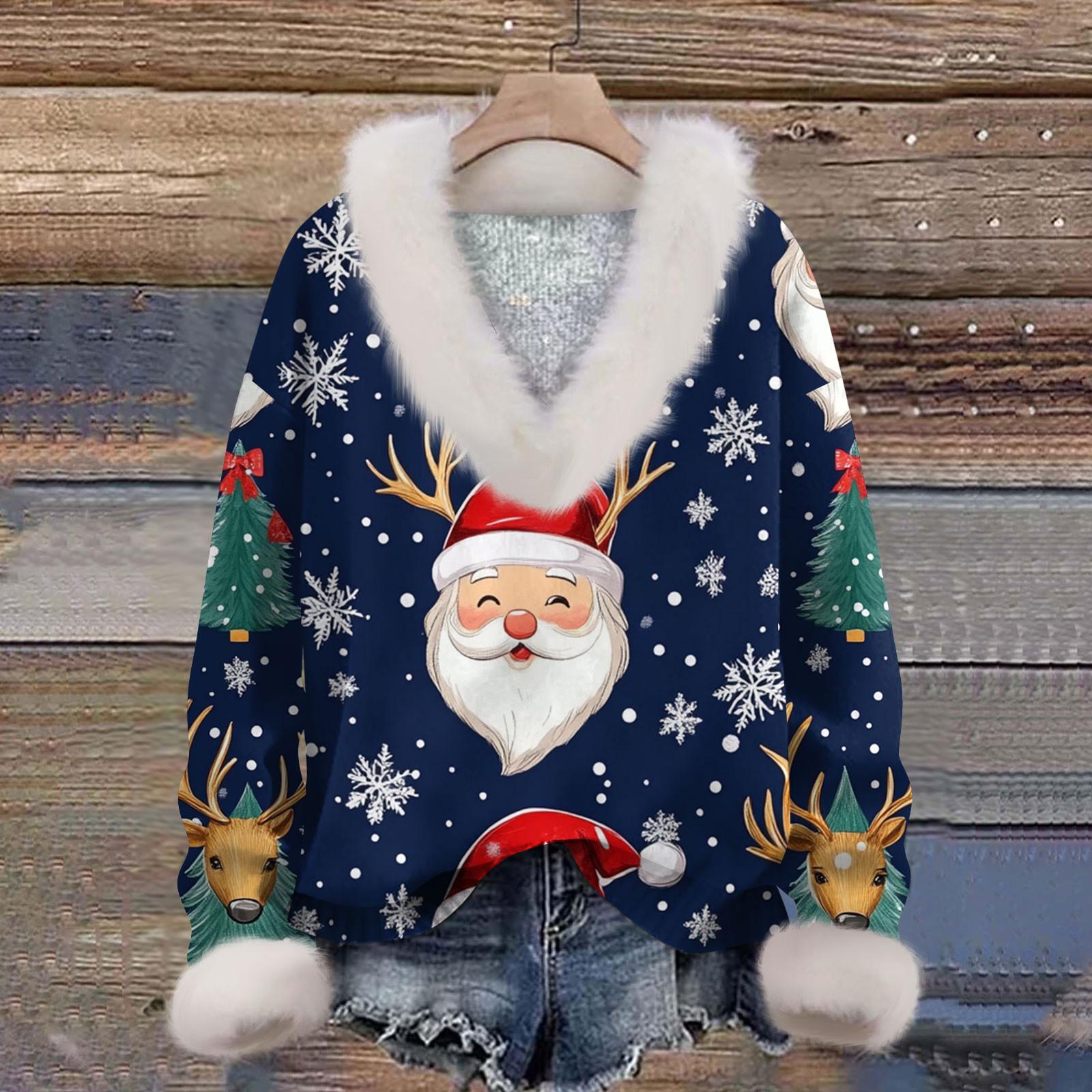 

Женская мода повседневный рождественский принт с длинным рукавом и V-образным вырезом пуловер для волос XL белый