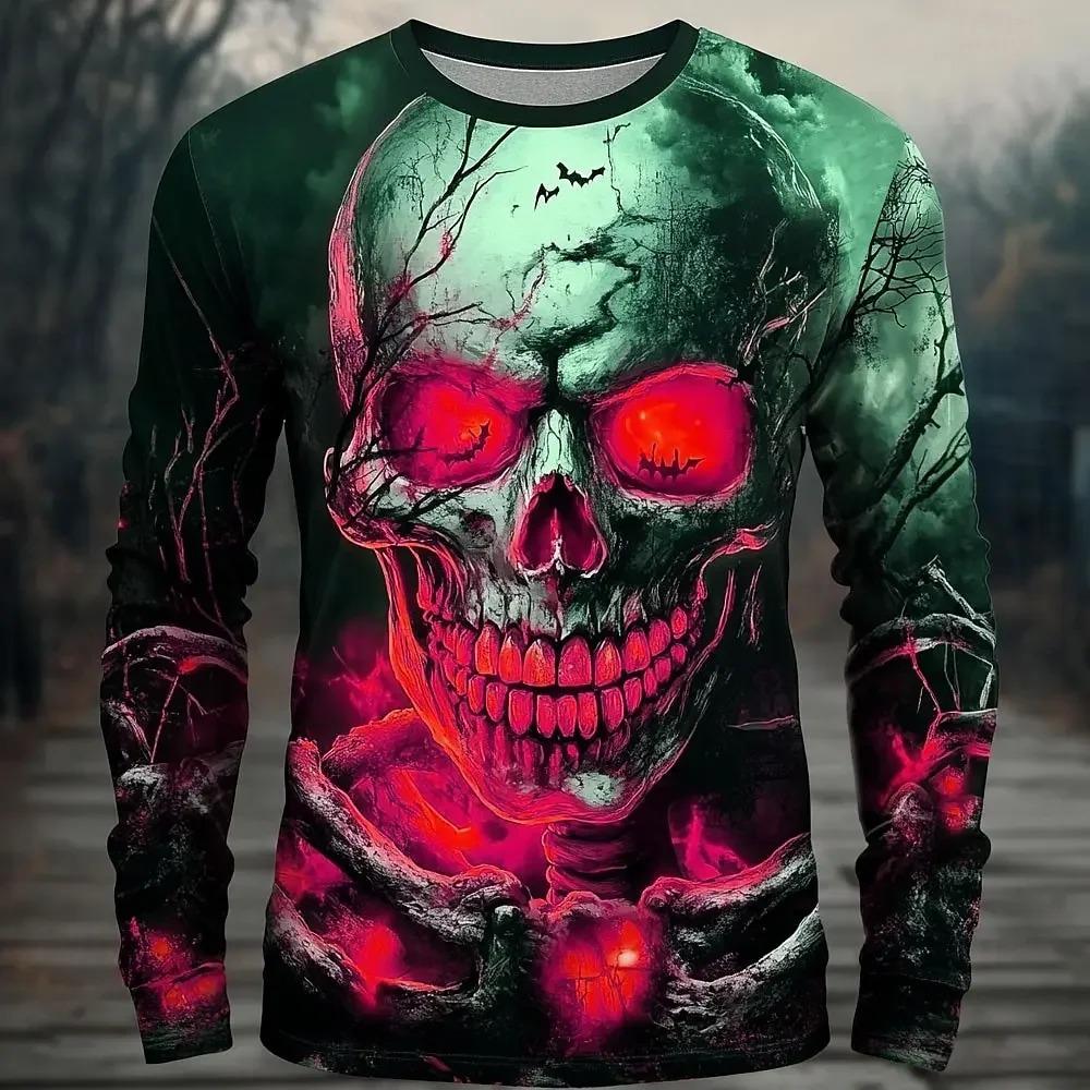 Men Glowing Skull Bat Forest 3D Print Long Sleeve T Shirt Halloween Gothic Outfit