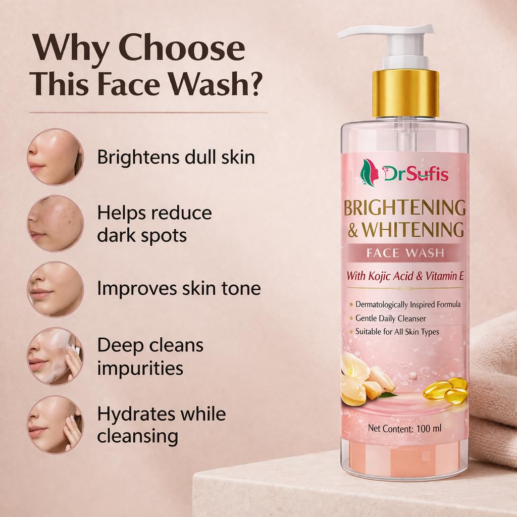 Dr. Sufis Brightening & Whitening Face Wash with Kojic Acid & Vitamin E - Gentle Daily Cleanser for Glowing Skin | Removes Dirt, Oil & Impurities |