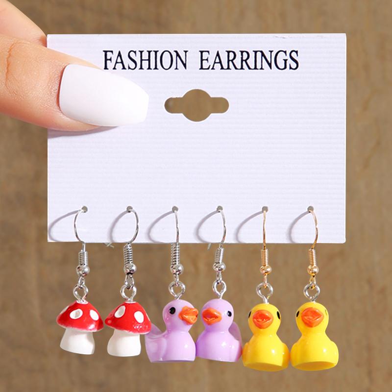 10 Pairs Cartoon Duck Dangle Earrings Set Cute Butterfly Heart Mushroom Animal Drop Earrings for Women Trendy Girl Kids Jewelry