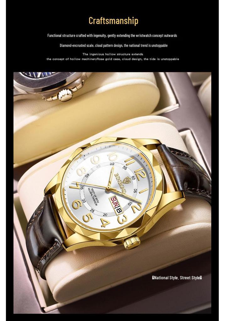 Binbang Ultra-thin Luminous Men's Quartz Watch - Automatic Movement, Waterproof with Calendar, Leather Strap, Business & Fashion Style.