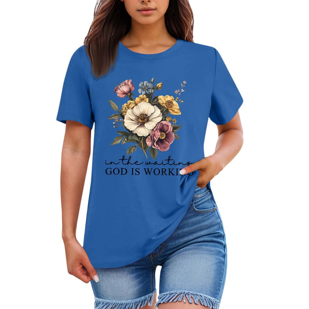 Ladies' Loose Comfortable Casual Fashionable Plant Flower Printed Round Neck Short Sleeved Shirt
