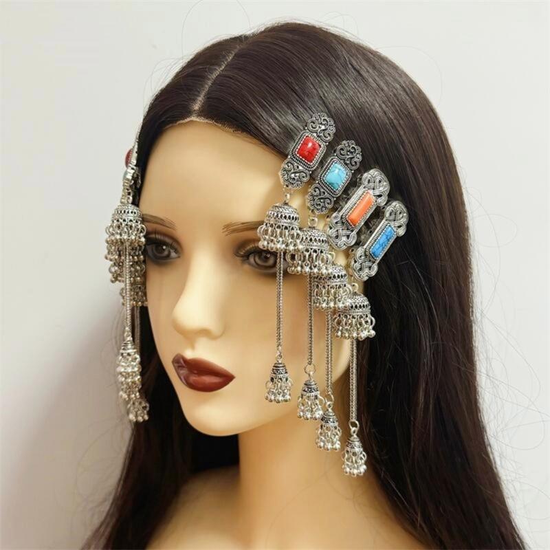 Handmade Mongolian Styles Alloy Tassels Hair Clip Ornament with Vintage Rhinestones Designs for Women Seek Unique Charm