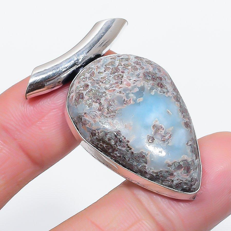 Natural Larimar Gemstone Handmade 925 Sterling Silver Jewelry Pendant 1.69" O4C92