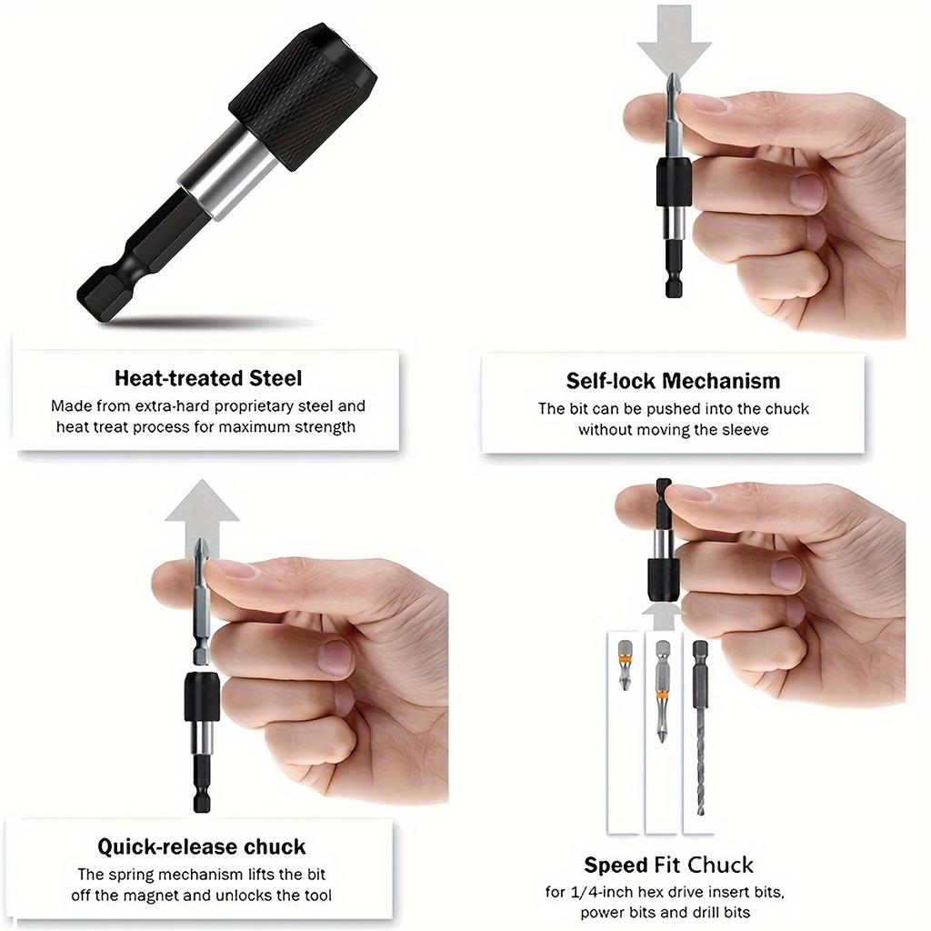 3-Piece Hexagonal Shank Bit Extension Set, 1/4 Inch Quick Release Self-Locking, Durable Metal - Ideal for Home DIY Projects