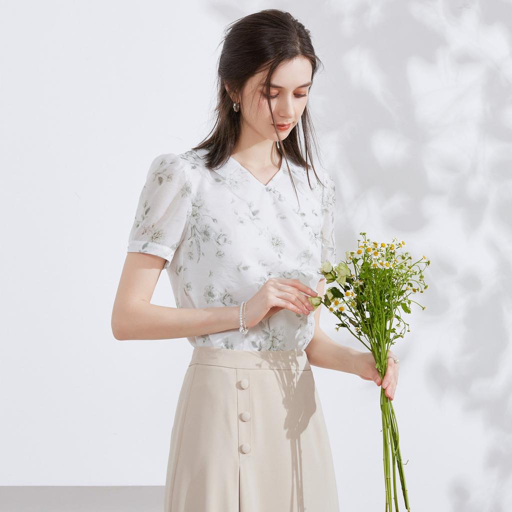 Temperament New Chinese Bubble Sleeve Printed Shirt Women's Summer Edition High End Folding Design Top