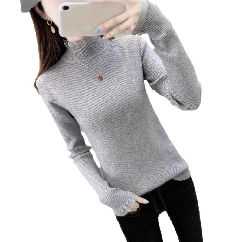 New semi-turtleneck fleece thickened sweater women's autumn and winter lace edge integrated fleece knitted sweater bottoming shirt