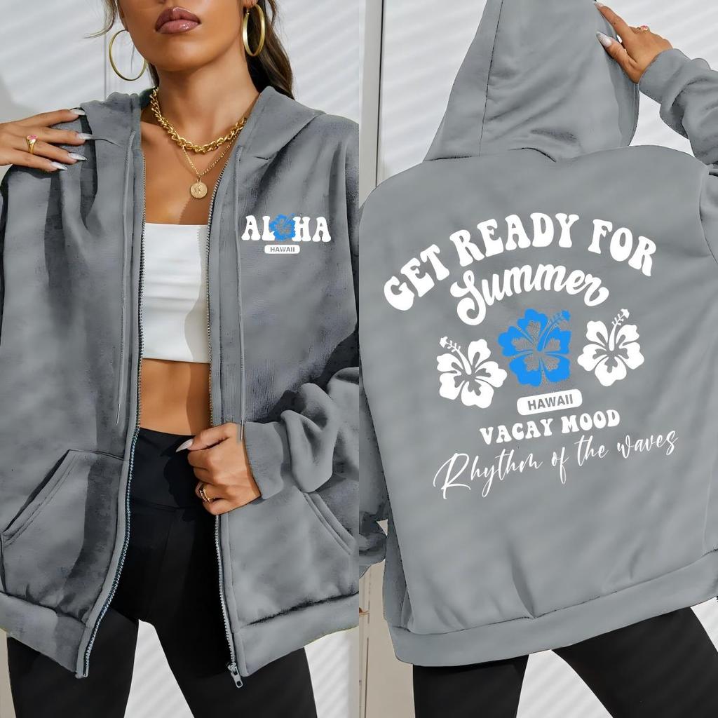Get Ready For Summer Hawaii Vacay Mood Print Women Zipper Sportswear Street Hoody Loose Casual Hoodies Fleece Soft Clothes
