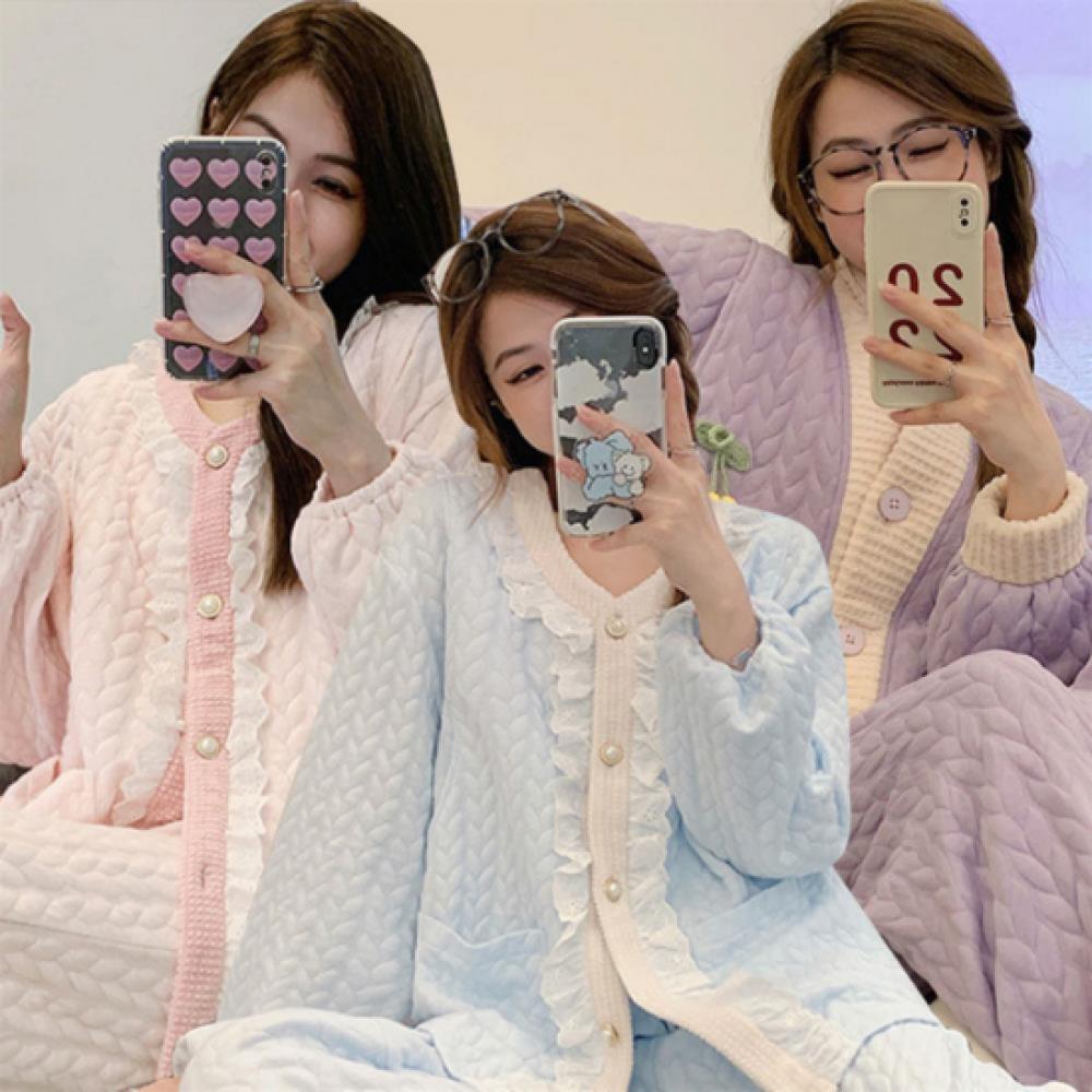 New Arrivals Open Run Women Loose Fit Long Sleeve Pastel Color Pants Pajama Set