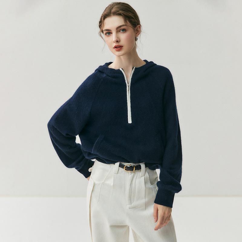 Women's Elegant Hooded Half-Zip Cashmere Sweater - Versatile Knitwear for Autumn/Winter 2026