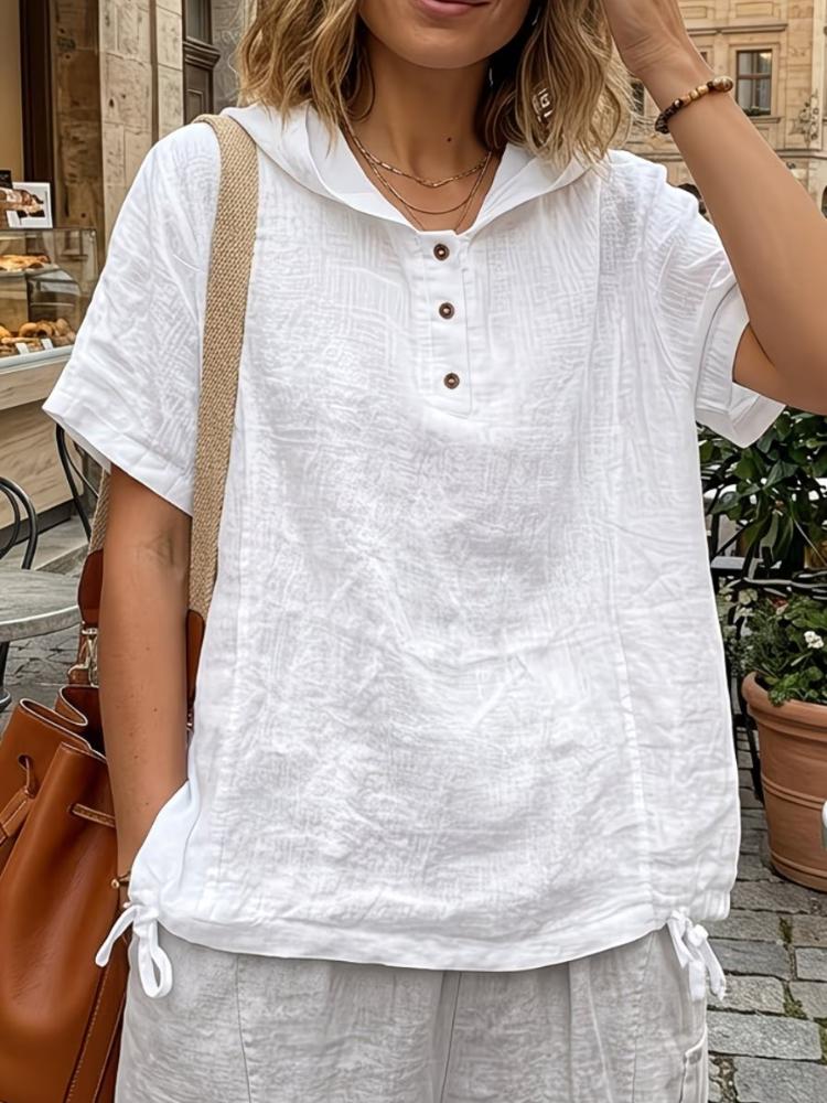 Women Loose Solid Color Hooded Collar Short Sleeve Front Button Pullover