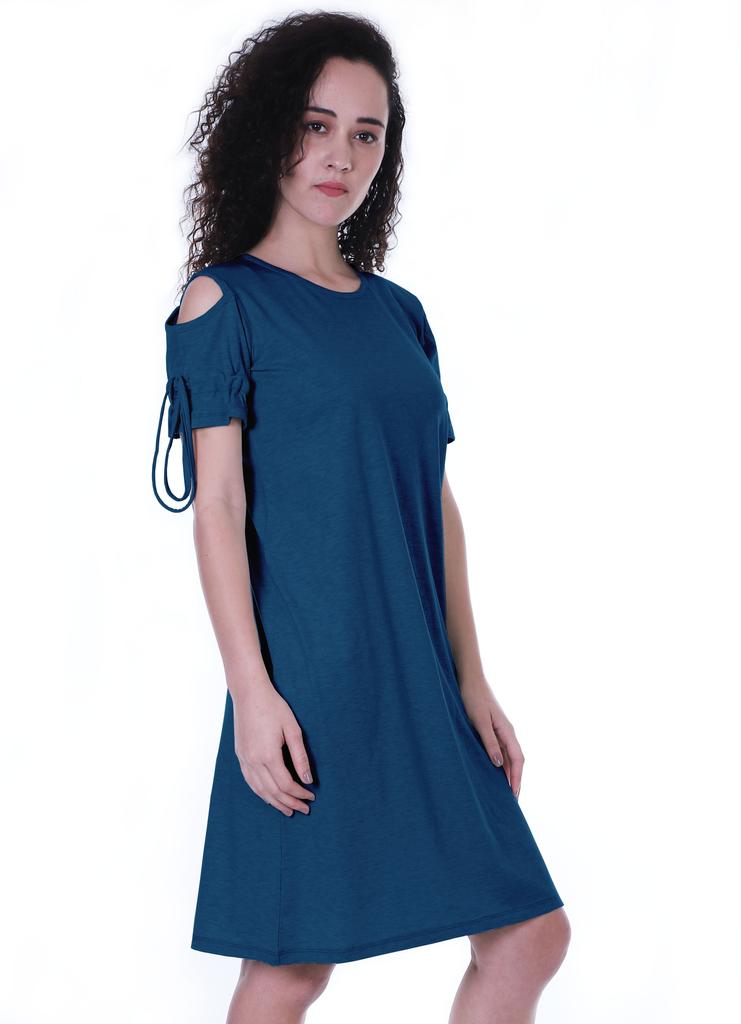 Moomaya Cold Shoulder T-shirt Dress Round Neck Casual Knee Length Summer Dresses For