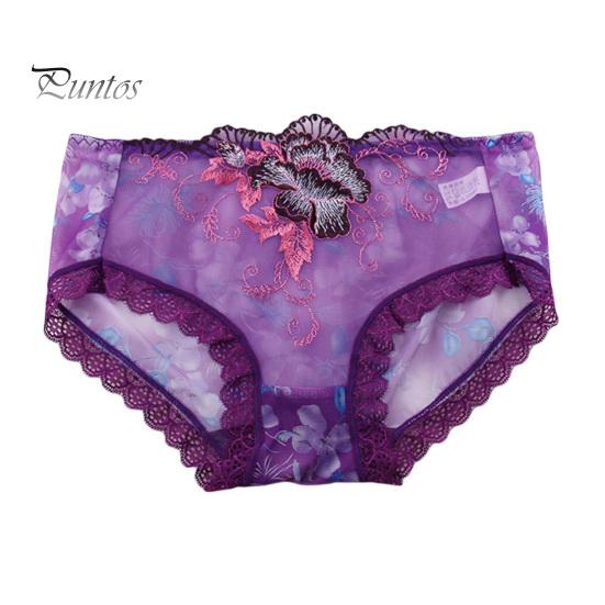 Underpants Women Panties Rose Embroidery Flower Print Mid Waist Stretch Briefs See-through Lace Sexy Ladies Underwear Daily Wear