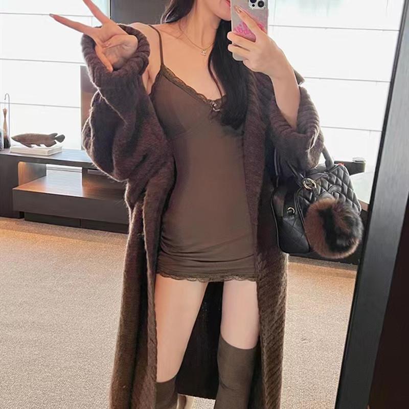 

Женский длинный свитер, свободный вязаный кардиган, пальто, утолщенный свитер, однотонный кардиган One Size кофейный