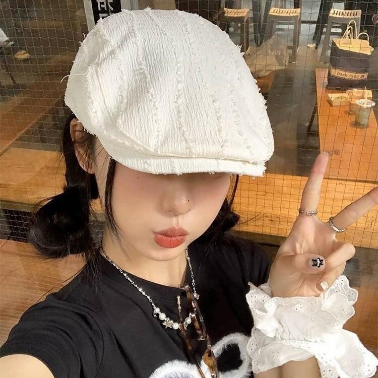 Japanese Retro Solid Color Striped Beret Women's Spring and Summer Literary Retro Versatile Face Showing Small Thin Newspaper Boy's Baseball Cap