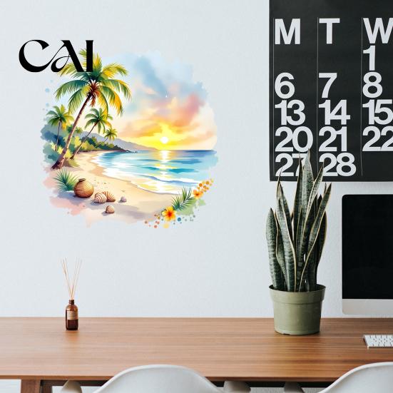 Tropical Landscape Wall Decor Sunset Palm Tree Seaside Decal, Watercolor Summer Beach Sticker, Art Coconut for Kids Bedroom Nursery Home Decorative
