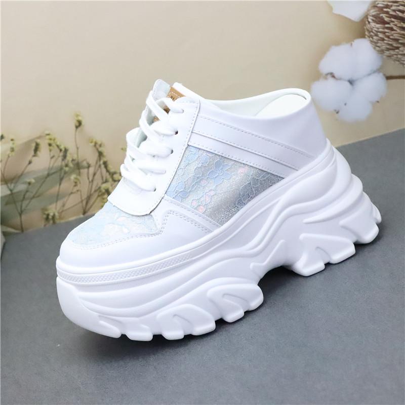 Fashion 12CM Air Mesh Lace Genuine Leather Comfy Platform Wedge Slippers High Brand Breathable Summer Platform Wedge Casual Shoes