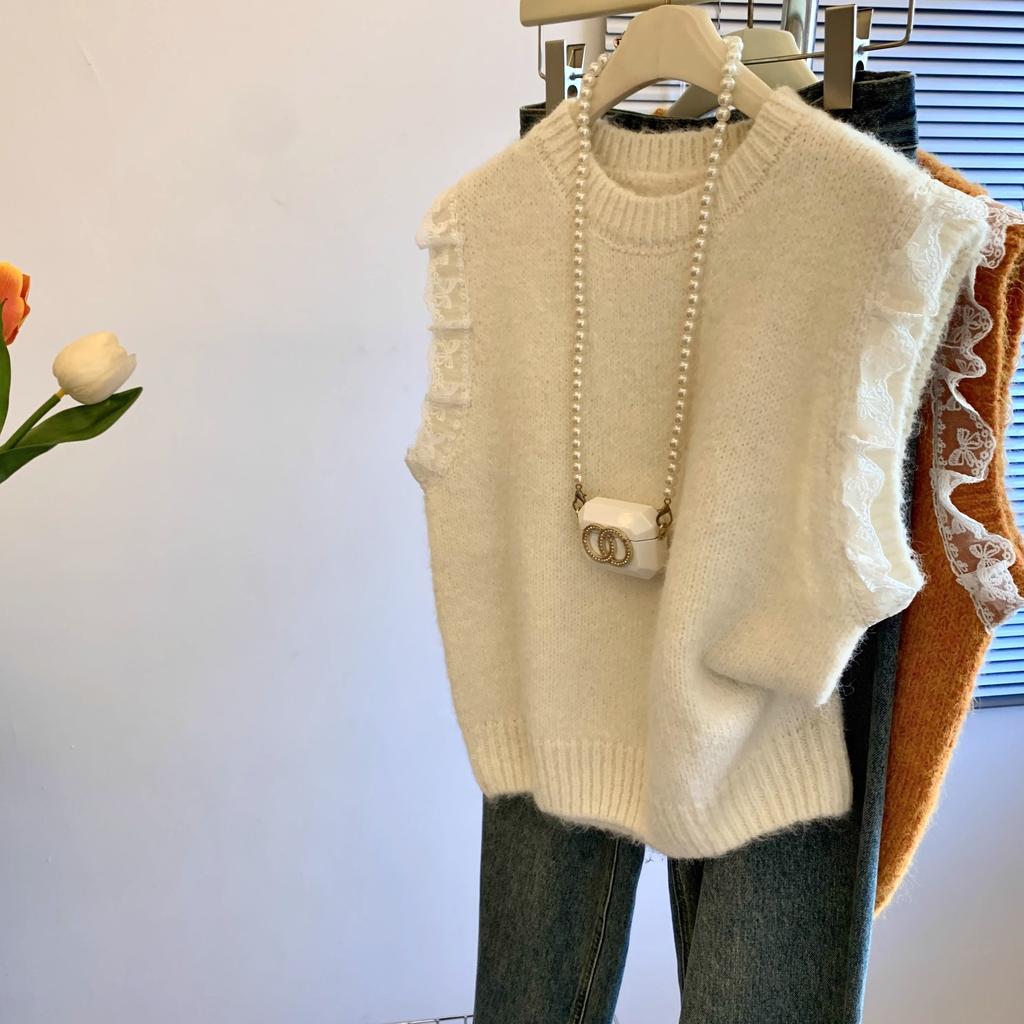 Womens Vintage Lace Trim Sleeveless Knit Vest Korean Style Loose Fit Layering Top