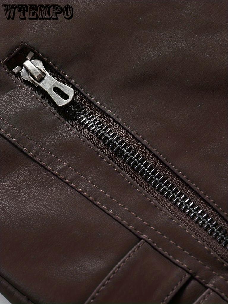 Jaqueta de motociclista retrô PU, jaqueta de couro sintético casual masculina com gola alta