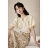 Women's French Elegant V-Neck Pleated Short Sleeve Shirt