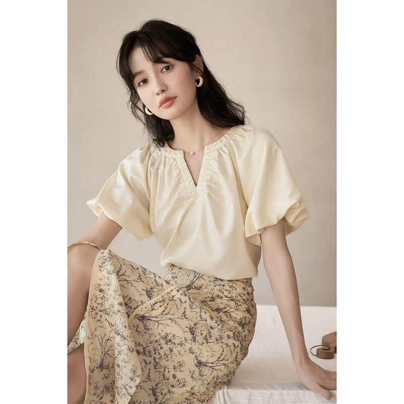 Women s French Elegant V-Neck Pleated Short Sleeve Shirt S