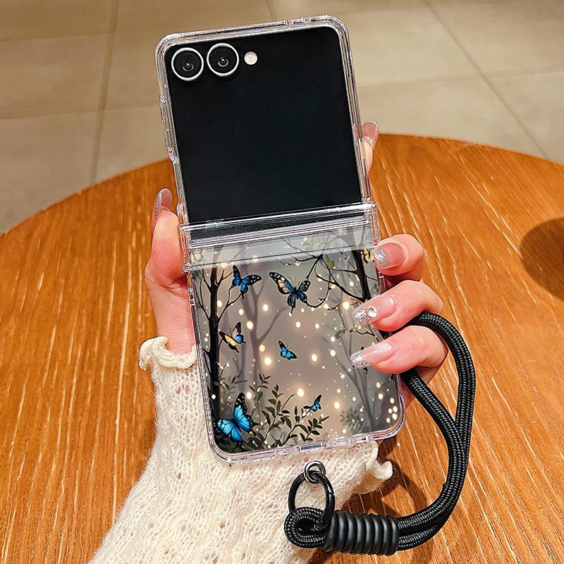 

Forest Butterfly Lanyard Phone Case For Samsung Galaxy Z Flip 7 FE 6 5 4 3 5G Folding Hard Clear Cover For Samsung Z Flip7 Flip6 Galaxy Z Flip7 FE