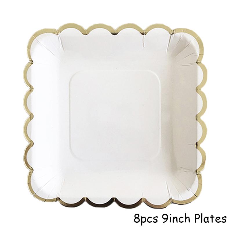 Golden White Disposable Tableware Paper Plates Cups Birthday Baby Shower Decoration Adults Wedding Balloon Set Party Supplies