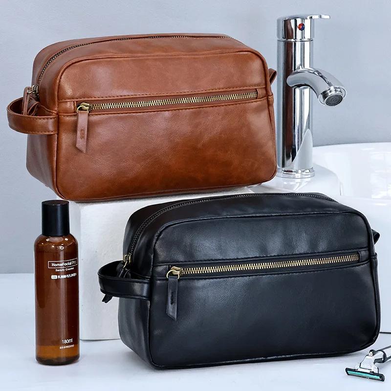 Herren-Kulturtasche aus Leder für Reisen und Geschäftsreisen, tragbare Kosmetiktasche mit großer Kapazität und mehreren Taschen, handliche Kulturtasche aus Leder