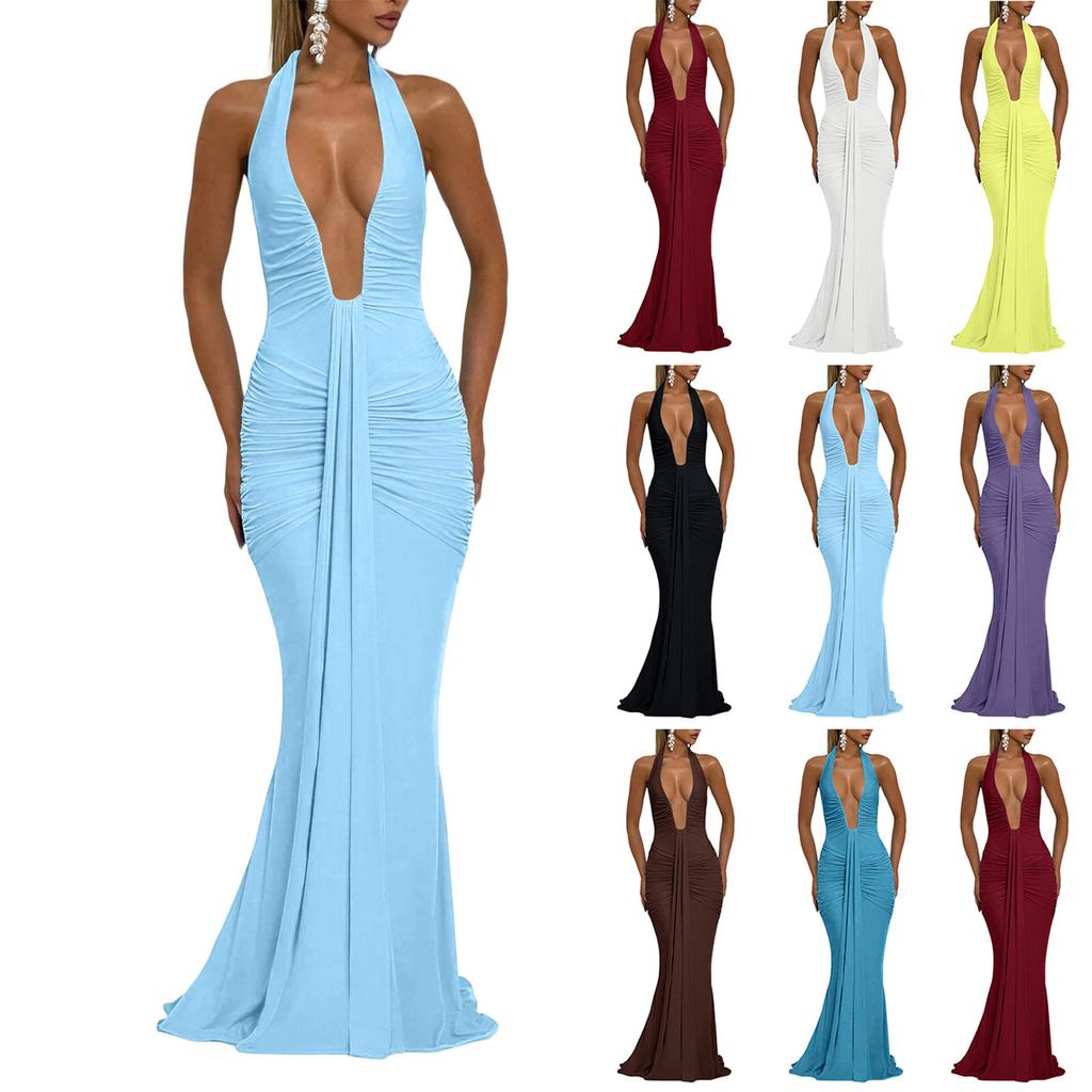 Women's Neck Deep V Backless Maxi Dress with Waist Tie Sash