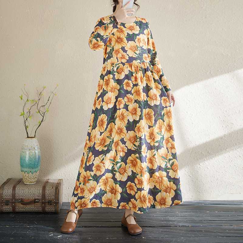 New Floral Vacation Style Travel Round Neck Vintage Long Flesh Covering Dresses