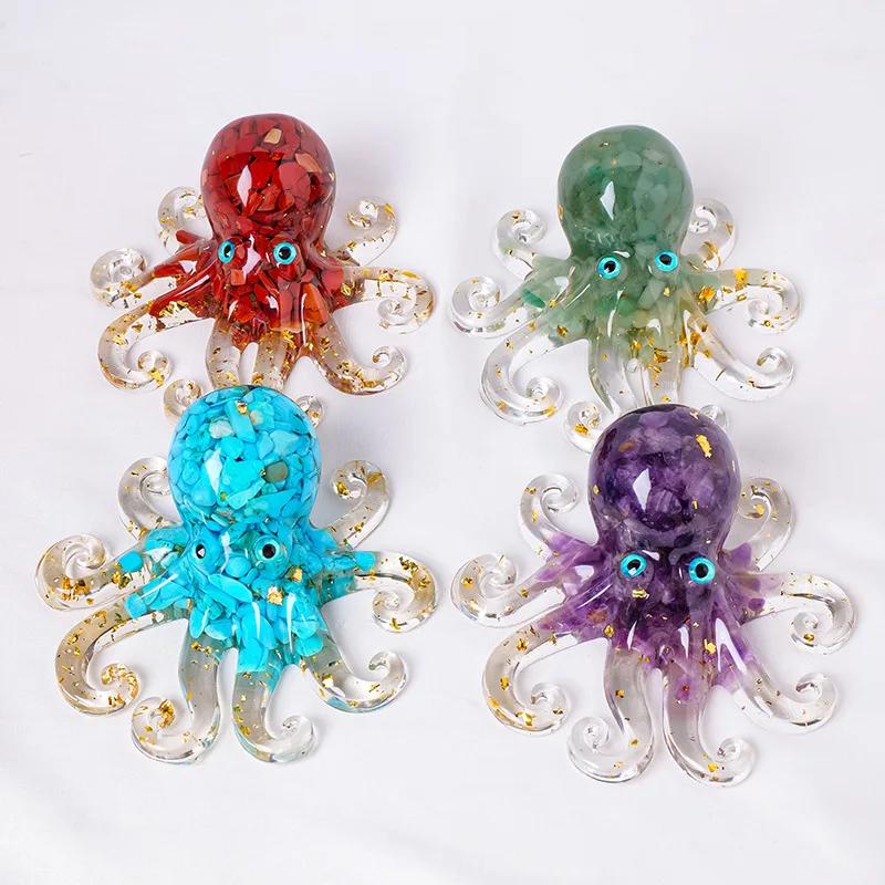 Natural Crystal Gravel Miniature Octopus Statue Chinese Lucky Feng Shui Ornament Resin Squid Home Tabletop Landscape Ornaments
