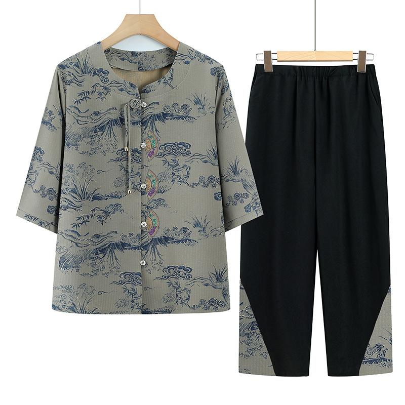 Summer Clothing for The Elderly Short-sleeved Fashionable Ladies' Traditional Chinese Style Suit Two-piece Suit