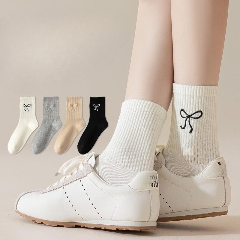 Bowknot Socks, Women's Mid-calf Socks, Solid Color Cotton Socks for Autumn and Winter, Ballet-style Sweat-absorbing and Odor-proof Women's Socks
