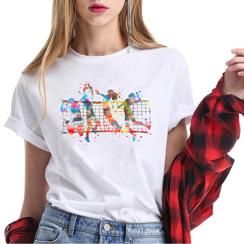 Vânzare Tricou Imprimat Volei Fete Acuarelă Femei Adoră Tricouri Sport Vară 2025 Top Femei Tricou Alb Tricouri Amuzante