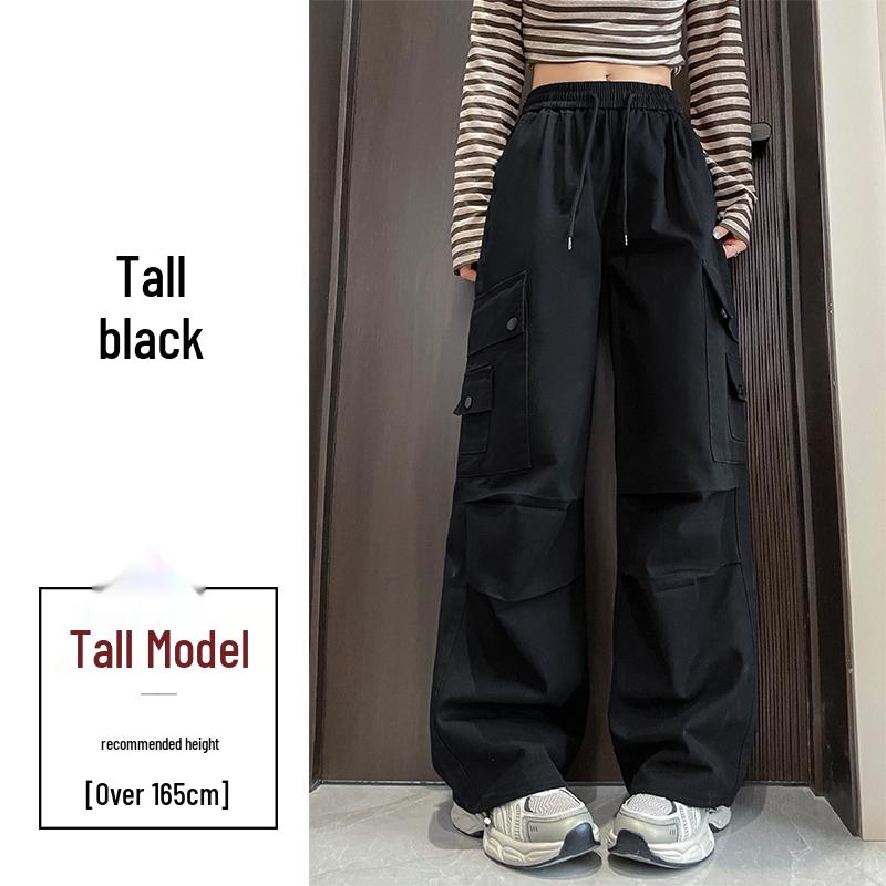 Damen High-Waist Retro Washed Baumwolle Cargohose, Lockeres Gerades Bein, Bodenlang, Aufgeschlagener Weiter Beinabschluss, Frühling Schlankmachender Stil.