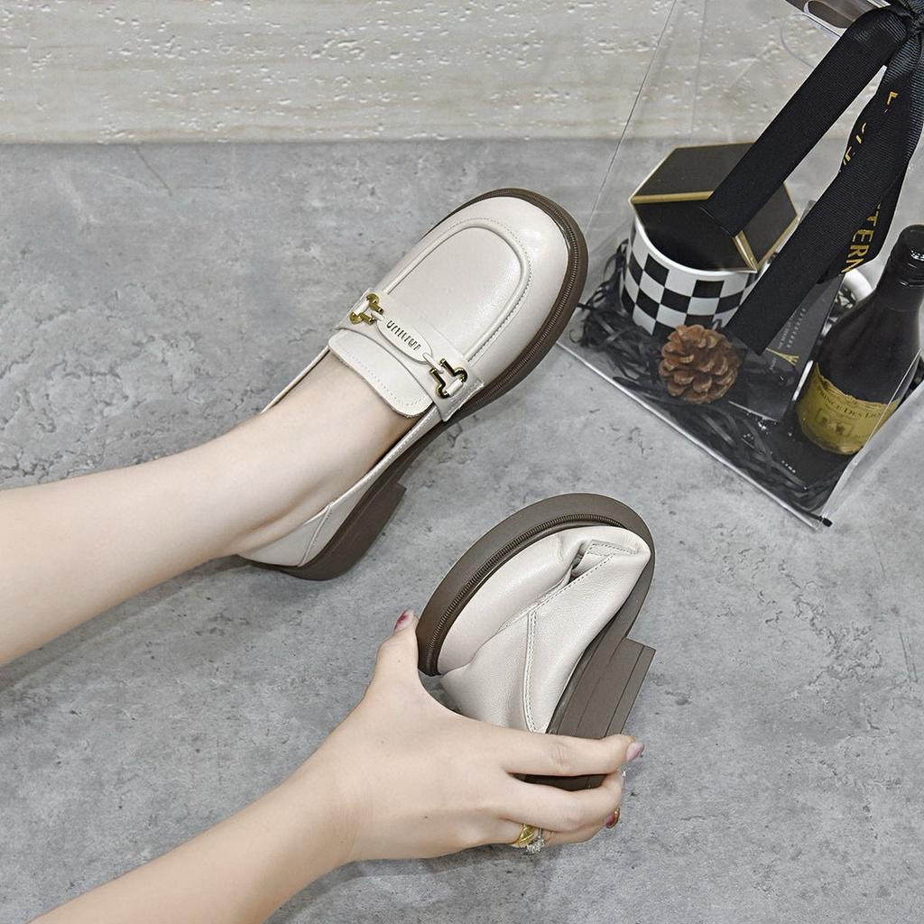 Small Leather Shoes Women's Autumn New Round Head Shallow Mouth Flat Bottom First Layer Cowhide One Pedal Four Seasons Single Shoes