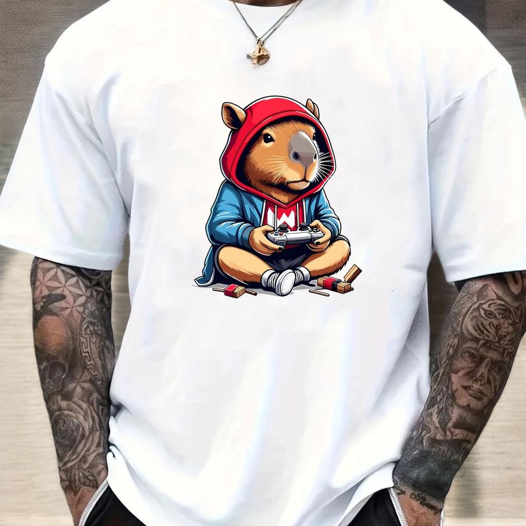Men Cotton T-Shirt with Cartoon Capybara Gamer Design Crew Neck Short Sleeve Summer Tee Men Clothing