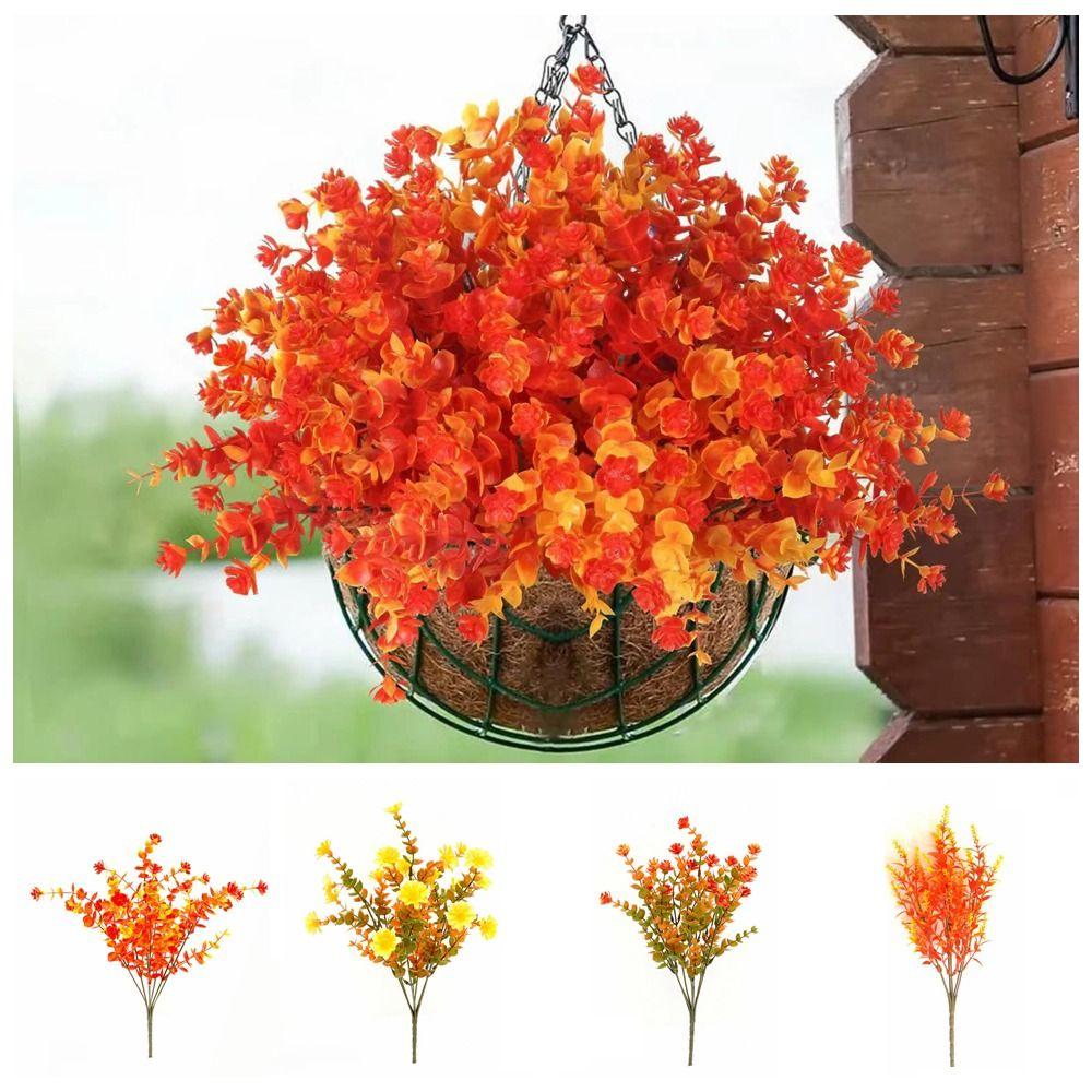 Plastic Artificial Flower Autumn Tone Eucalyptus Leaf Fake Plant Stem Violet Bloom Decorative Floral Autumn Theme Decor