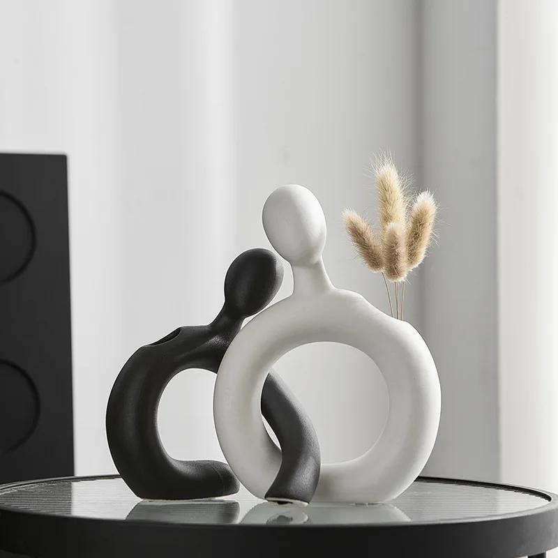 Creative Ceramic Figure Vase Couple Abstract Hollowed-out Flower Arrangement Ornaments Flower Vase Creative Display Home Decorat
