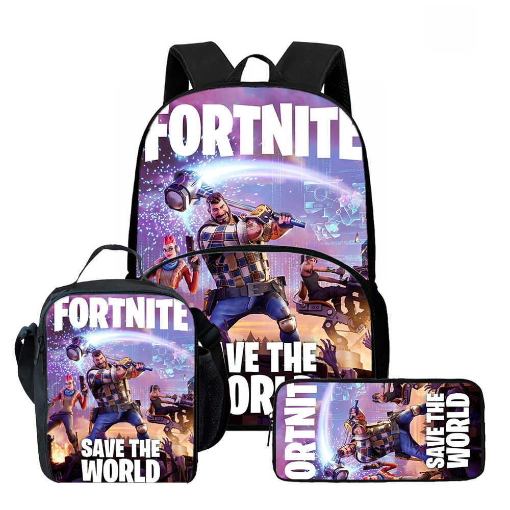 3Pcs Set School Backpack With Front Pocket & Lunch Bag & Pencil Bag,Fortnite Cartoon For Age 6-10,Lightweight For Boys & Girls