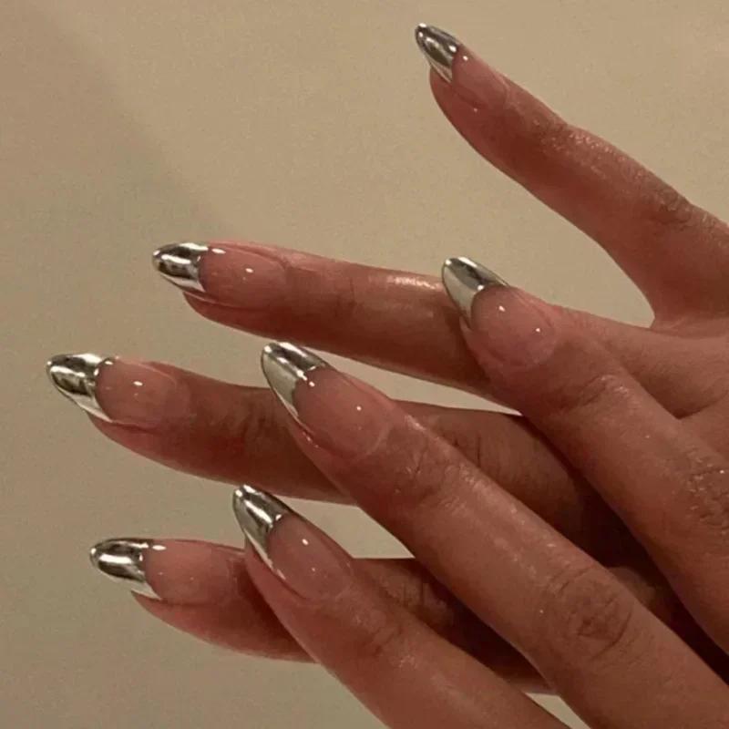 24Pcs French Almond False Nails Pink Stiletto Press On Nails With White Edge Design And Glue Simple Wearable Nail Tips