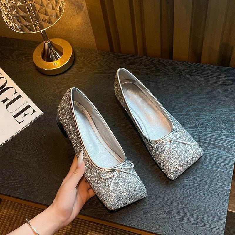 Fashion Super Shiny Square Toe Mary Jane Women'S Shoes 2025 Bow Silver Single Shoes Women'S Flat Versatile Single Shoes