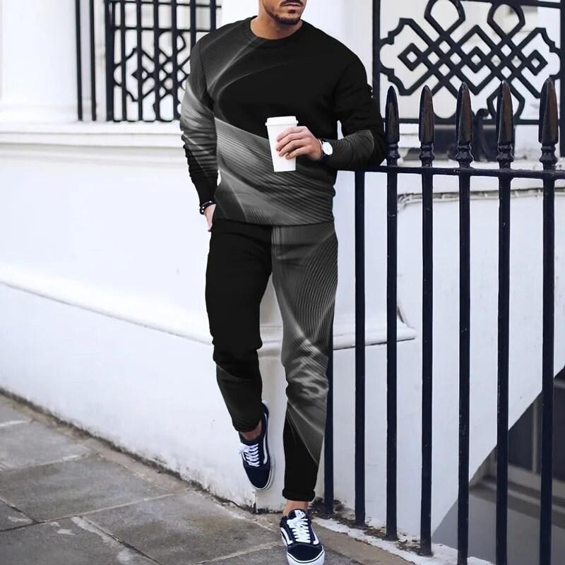2024 Men's Long Sleeve T-shirt Two-piece European Charm 3d Printed Pattern Popular Street Wear  Loose Suit