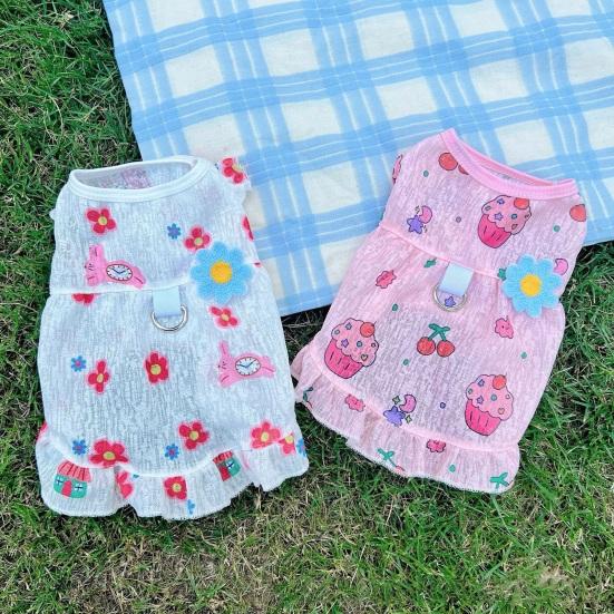 Summer Breathable Pet Clothes Flower Cherry Ice Cream Print Sleeveless Vest Pet Princess Skirt for Small Medium Girls Dogs Cats