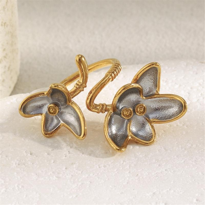 Double Color Floral Adjustable Finger Ring 18K Gold Plated Stainless Steel Fashion Accessory Artistic Open Band Ring