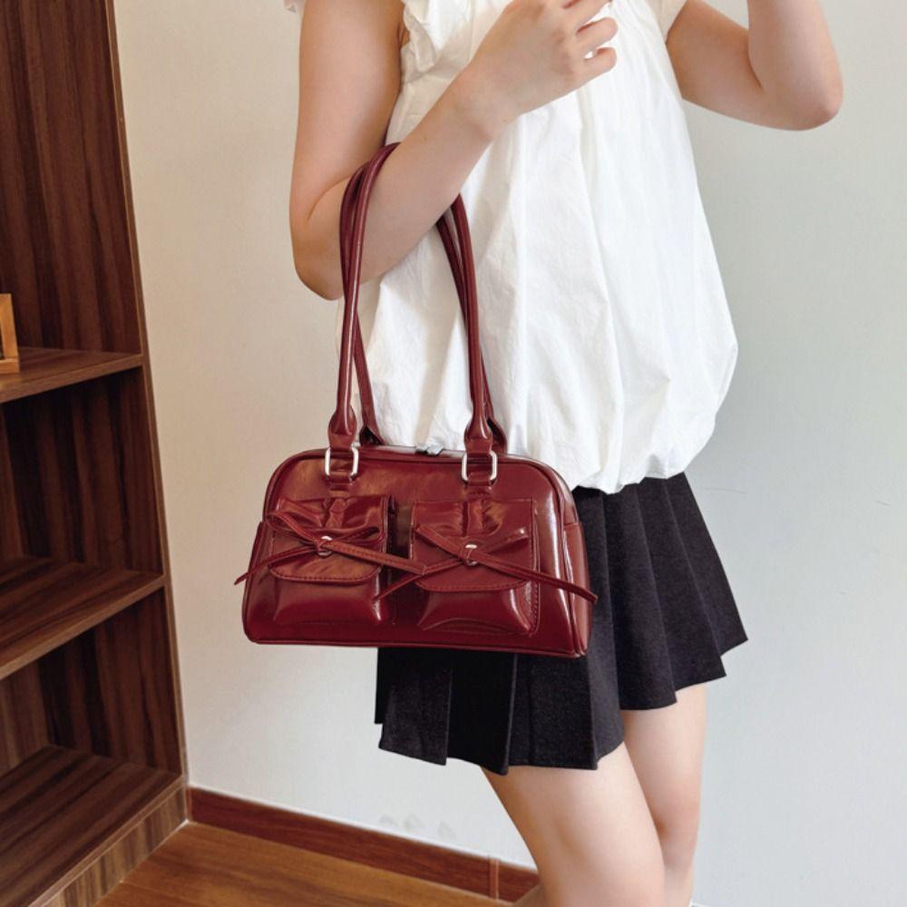 French Style Bow Tie Bowling Bag Elegant Women Handbags Vintage Boston Shoulder Bag  Armpit Bag