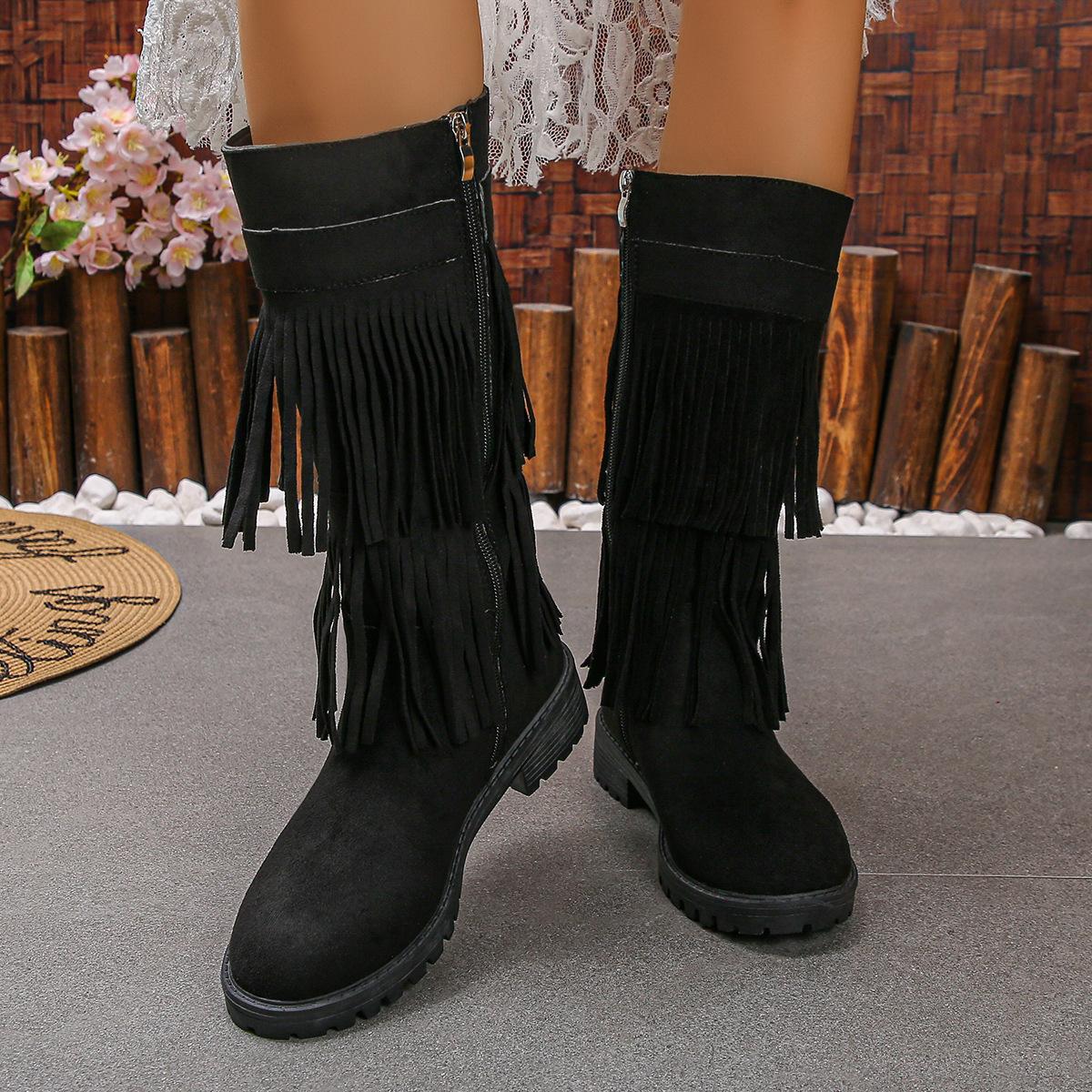 

Женские замшевые сапоги с двойной бахромой, боковой молнией, круглым носком, массивным средним каблуком, сапожки большого размера с широким голенищем для осени-зимы 43 чёрный